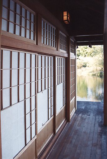 View of Japanese teahouse side porch. Designed by Whipple|Callender Architects.