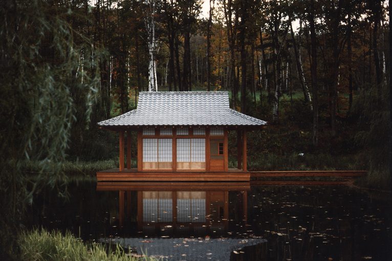 Japanese teahouse on a small pond in Vermont. Designed by Whipple|Callender Architects.