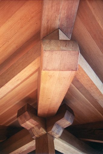 Close-up view of joinery in Japanese teahouse ceiling. Designed by Whipple|Callender Architects.