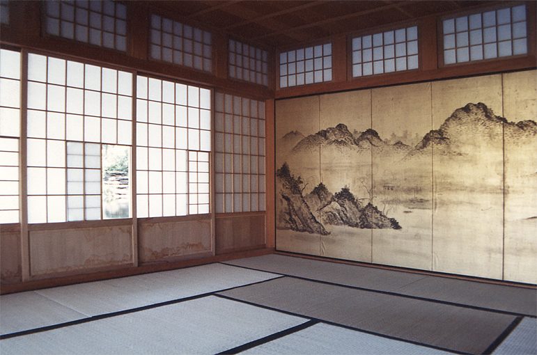 View of Japanese teahouse interior, showing landscape mural. Designed by Whipple|Callender Architects.